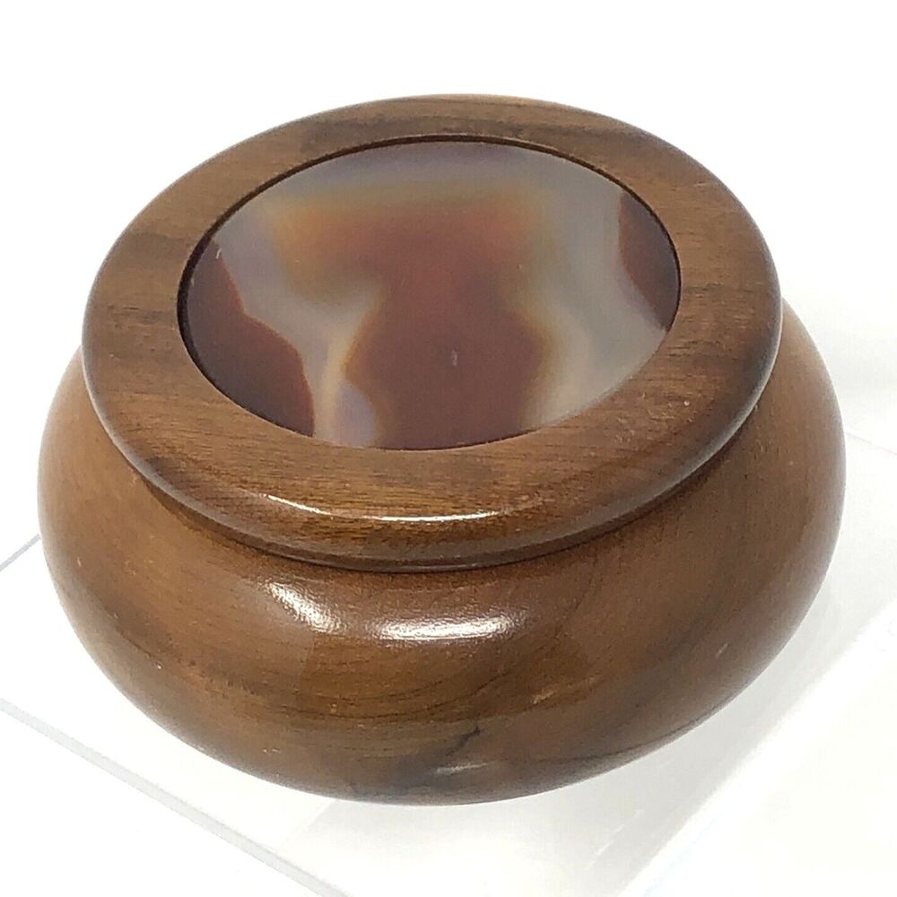 VTG Hand Crafted Wood Trinket Box w/ Agate Stone Inlay Lid Artisan Made Brazil